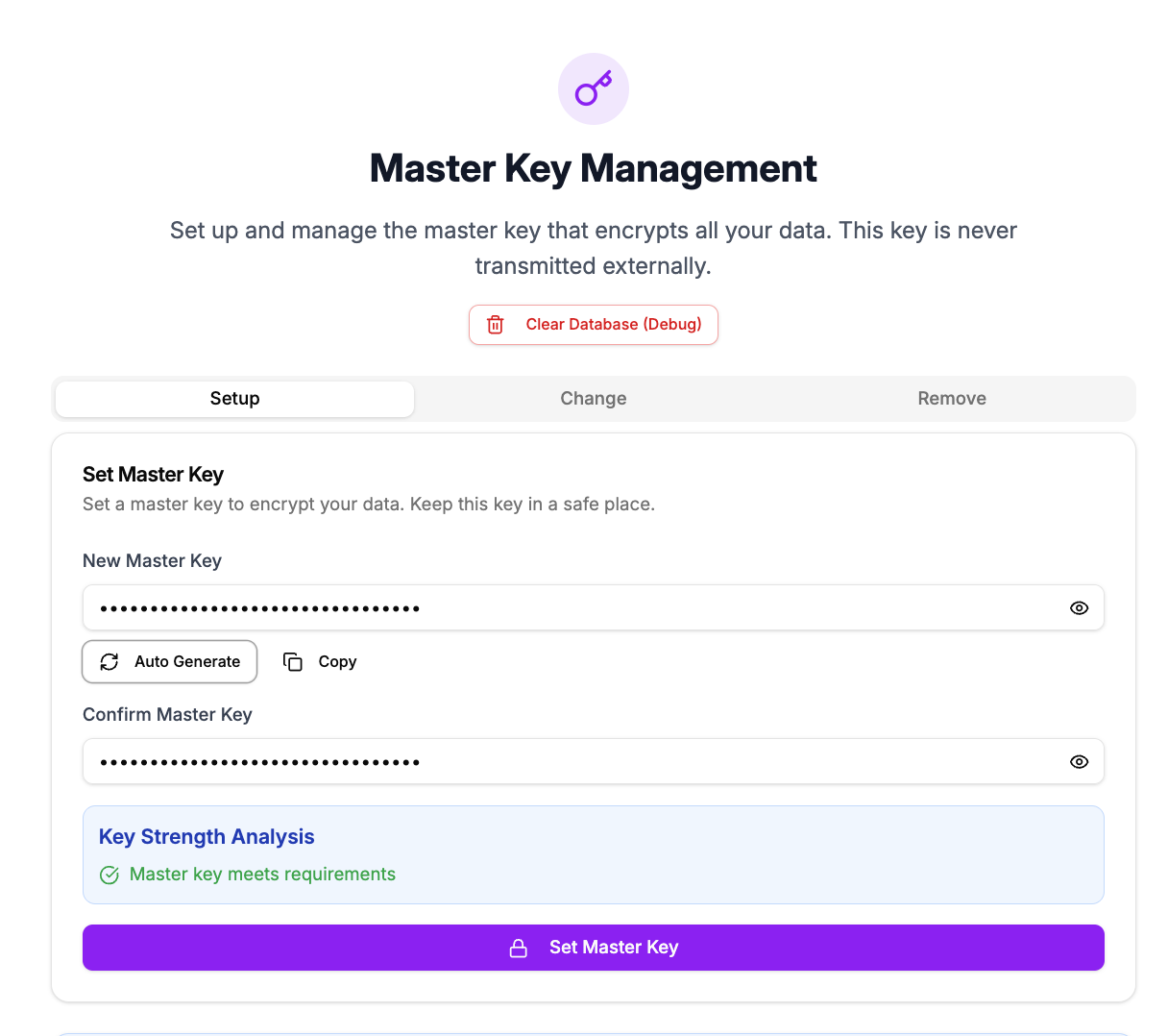 Master Key Management Interface Screenshot